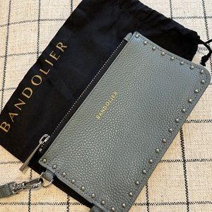 Bandolier Pebble Leather Mini-Round stud zip pouch crossbody strap Storm Silver